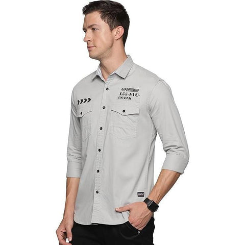 Men's Slim Fit Regular Double pocket Shirt-Grey U.S. ELK