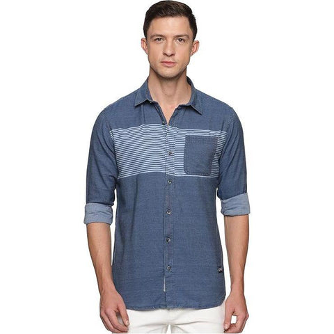 Men's Solid Slim Fit Regular Shirt with Single Pocket Denim Shaded Blue U.S. ELK